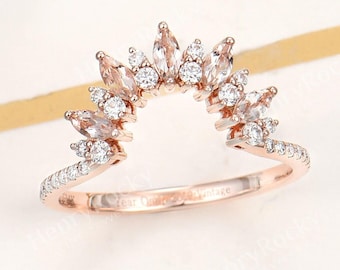 Morganite wedding band women Vintage rose gold band bridal Unique moissanite stackable curved wedding band Promise Anniversary band