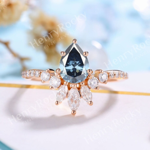 Blue Gray Moissanite Engagement Ring rose gold | Antique pear shaped Bridal set | half eternity Diamond Ring | Anniversary Gift for Her