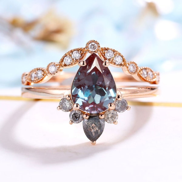 Vintage Alexandrite Engagement Ring set Women Rose Gold | Pear shaped Bridal Set | Salt & Pepper Diamond Wedding Set | Anniversary promise