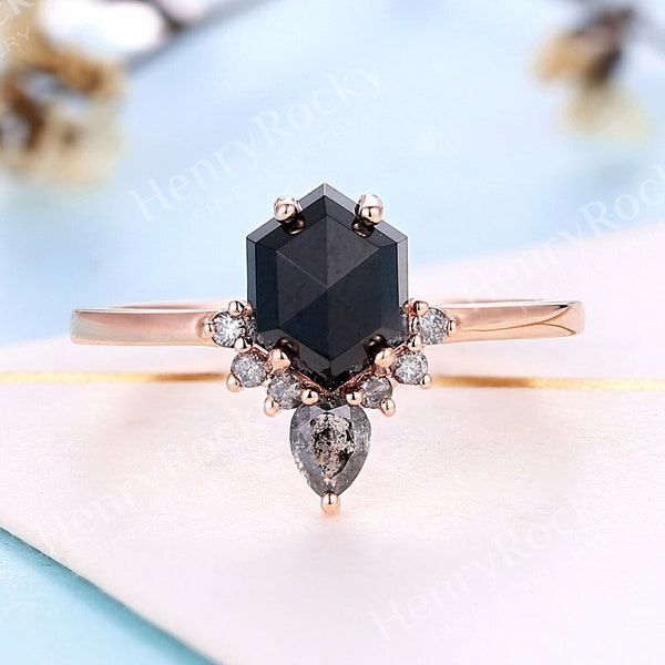 Vintage Black Onyx engagement ring | Salt and pepper diamond art deco wedding ring | Hexagon Antique bridal ring Rose gold ring |Anniversary