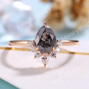 Vintage Salt and Pepper Diamond Engagement Ring - Antique Pear cut Bridal Ring in 14K Gold | Moissanite Art Deco Anniversary Promise Ring