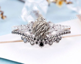 Vintage Black Rutilated Quartz  Engagement Ring set | Pear cut Bridal Set | Unique Art deo Black Diamond Wedding ring set | Anniversary Ring