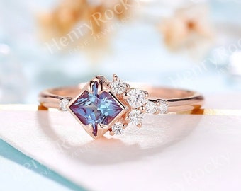 ヴィンテージ アレキサンドライト エンゲージリング モアッサナイト プリンセスカット 結婚指輪 ローズゴールド アールデコ ダイヤモンドリング ユニークな記念日プロミスリング
