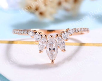 Vintage Moissanite wedding band Art deco rose gold matching band Curved Marquise cut stacking wedding ring Unique Anniversary promise band