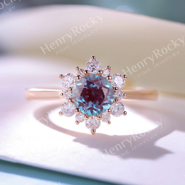 Bague de fiançailles en alexandrite vintage, bague en moissanite art déco, bague de mariage ronde en or rose, bague de mariée en diamant, bague de promesse d'anniversaire