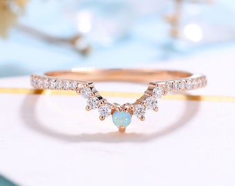 Vintage Opal wedding band women Rose gold band Moissanite bridal ring Stackable Curved wedding ring matching band Anniversary promise band