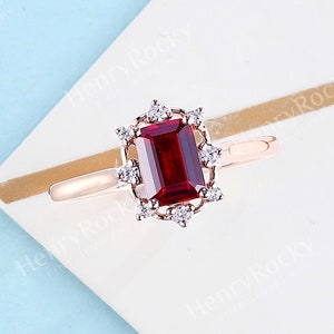 Emerald cut lab ruby engagement ring women rose gold ring halo natural diamond ring prong set handcrafted anniversary promise bridal ring