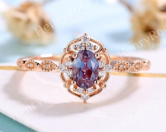 Vintage Alexandrite Engagement Ring Rose gold ring Moissanite wedding ring Diamond Bridal Unique Milgrain Art deco ring Anniversary ring