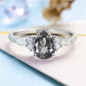 Pear Salt and Pepper Diamond Engagement Ring - Vintage Diamond Ring in 14K White Gold | Unique Promise Ring Women | Alt Bridal Ring for Her