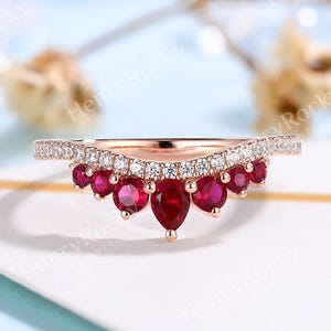 Ruby Crown Curved Ring - 18K Rose Gold Moissanite Chevron Wedding Band | Pave Stacking Tiara Ring for Bride by HenryRocky