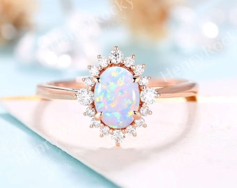 Vintage Opal Verlobungsring Frauen Rose Gold Antique Oval Schnitt Braut Hal Diamondo Prong Set Art-Deco-Ring Einzigartige Jubiläum Versprechen Ring