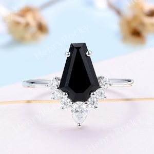 Vintage Black Onyx engagement ring Coffin shaped wedding ring white gold Antique bridal ring moissanite ring Anniversary Promise ring
