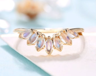 Vintage Moonstone wedding band women Yellow gold band bridal Marquise cut ring curved wedding ring promise ring anniversary ring
