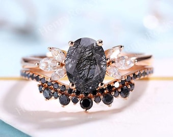 Black Rutilated Quartz Engagement Ring set Oval shaped Rose gold ring Art deco Black Diamond Curved Wedding band Anniversary Promise ring