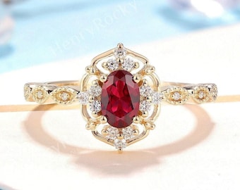 Vintage Ruby Engagement Ring Yellow Gold ring Antique Oval cut Bridal ring Art deco Ring Milgrain wedding ring Anniversary Promise ring