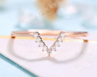 Vintage Moissanite Wedding band women ring Rose Gold Curved Wedding band Bridal Matching Stackable band Art deco Anniversary Promise ring