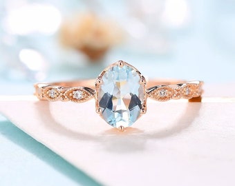 Vintage Aquamarin Verlobungsring Rose Gold Frauen | Art Deco Birthstone Diamant Brautring | Einzigartiger Schmuck Jahrestag Geschenk für sie