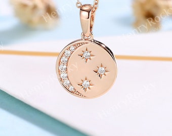 Delicate Crescent Moon & Star Pendant - Moissanite Necklace • Rose Gold Necklace • Engravable Pendant • Charm Chain Daily Wearing Necklace