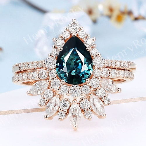 Teal Sapphire Engagement Ring Set Vintage Rose Gold Wedding | Etsy