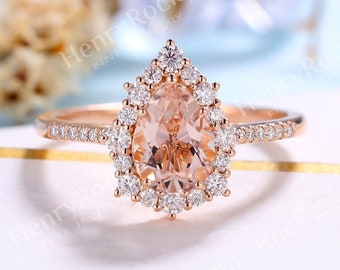Vintage Morganite Engagement ring Rose gold pear shaped ring Antique Diamond halo wedding ring Art deco half eternity ring Anniversary ring