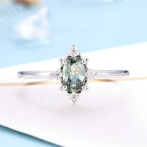 Vintage oval Green Sapphire Engagement ring White gold Minimalist wedding ring Diamond Bridal ring Unique Anniversary promise ring women