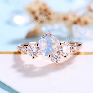 Moonstone engagement ring art deco moissanite rose gold ring | Antique cluster unique wedding ring | Unique Bridal ring | Anniversary ring