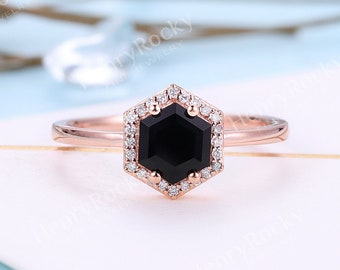 Antique Black Onyx Engagement Ring | Vintage Rose gold diamond halo ring | Art deco Unique Hexagon wedding Ring | Anniversary Promise ring