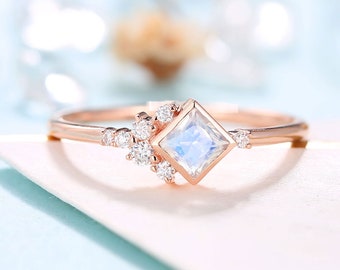 Moonstone Engagement Ring Vintage Women Rose Gold Antique Princess cut Bridal Diamond/Moissanite bezel set Ring Promise Anniversary ring