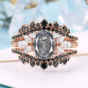 Salt and Pepper Diamond Engagement ring set Vintage Oval cut Rose Gold ring Moissanite ring Black Diamond Curved Wedding band Promise ring