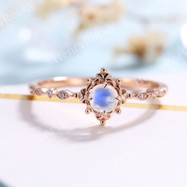 Moonstone Engagement ring Rose Gold Vintage Round cut ring Diamond ring Bridal Art deco Wedding ring Prong set Anniversary Promise ring