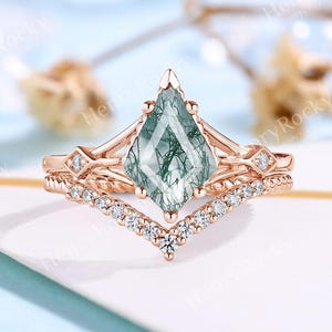 Kite Shape Moss Agate Bridal Ring Set - 18K Rose Gold Rope Engagement Ring Set | Marquise Cut Moissanite Curved Wedding Band by HenryRocky
