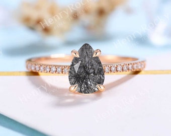 Black Rutilated Quartz Engagement Ring Vintage Rose Gold Band Women Pear cut bridal ring Moissanite/Diamond Half Eternity Anniversary ring
