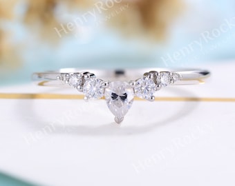 Moissanite wedding band women | white gold band | vintage bridal ring | curved wedding ring| unique promise ring anniversary gift for her