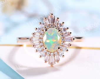 Opal Verlobungsring Vintage Rose Gold Ovalschliff Ring Baguette Diamant CZ Halo Ring Einzigartige Braut Art-Deco-Ring Jubiläum Versprechen Ring