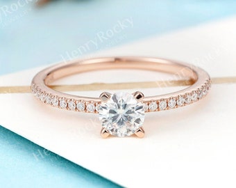 Vintage round cut Moissanite Engagement Ring art deco rose gold ring bridal Half Eternity Prong set ring Unique Promise Anniversary ring