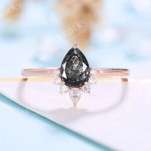 Salt and Pepper Diamond Engagement Ring Women Rose Gold Pear shaped Bridal Moissanite Art deco Wedding Ring Unique Anniversary Promise ring