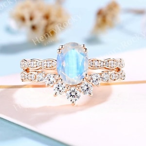 Vintage moonstone engagement ring set women rose gold art deco moissanite ring curved stacking bands oval anniversary promise bridal set