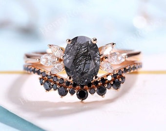 Black Rutilated Quartz Engagement Ring set Oval shaped Rose gold ring Art deco Black Diamond Curved Wedding band Anniversary Promise ring