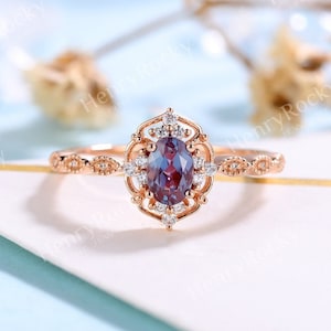 Vintage Alexandrite Engagement Ring Rose gold ring Moissanite wedding ring Diamond Bridal Unique Milgrain Art deco ring Anniversary ring