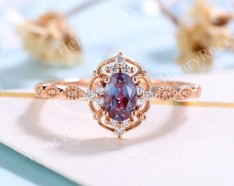 Vintage Alexandrite Engagement Ring Rose gold ring Moissanite wedding ring Diamond Bridal Unique Milgrain Art deco ring Anniversary ring