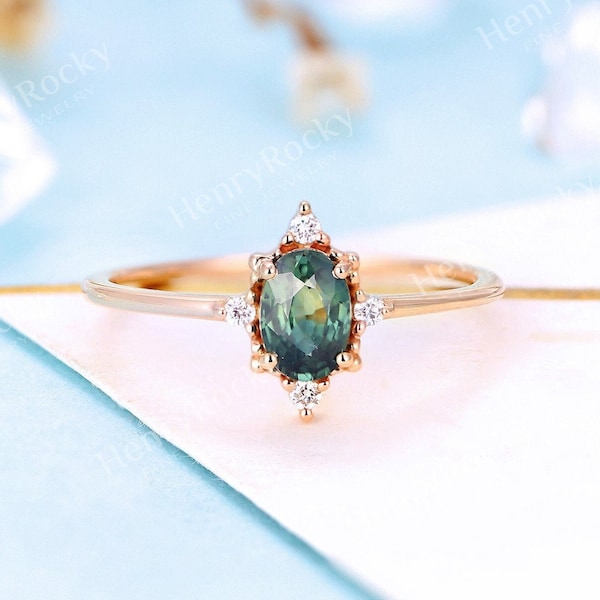 Vintage Teal Sapphire Engagement ring Rose gold Ring Art deco Moissanite / Diamond ring Oval cut Bridal ring Anniversary promise ring