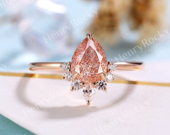 Vintage Pera corte África Sunstone Anillo de compromiso Art deco Moissanite Anillo de diamantes Rose Gold Prong Set Anillo nupcial promesa Anillo de aniversario