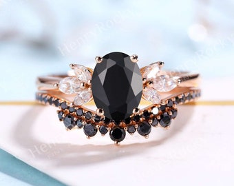 Antique Black Onyx Engagement Ring Set | Half Eternity Oval shaped Rose gold ring | Vintage Black Diamond Wedding ring Set |Anniversary ring