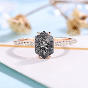 Hexagon cut black rutilated quartz engagement ring rose gold ring vintage round cut pave diamond ring anniversary promise bridal ring