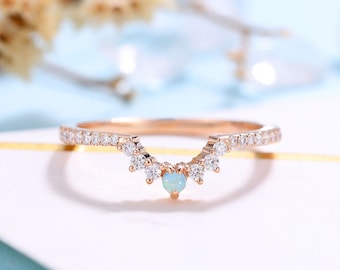 Vintage Opal wedding band women Rose gold band Moissanite bridal ring Stackable Curved wedding ring matching band Anniversary promise band