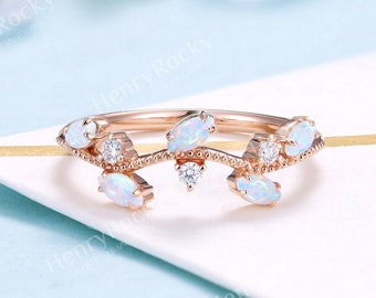 Opal Verlobungsring Frauen Rosegold Band Vintage Brautring Marquise Schnitt Art-Deco-Zackenset Ehering Verlobungsring Jubiläumsring
