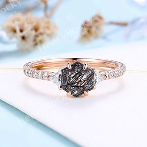 Black Rutilated Quartz Engagement Ring Vintage Hexagon Rose Gold Ring Art Deco Half Eternity Moissanite Ring Unique Anniversary Promise Ring