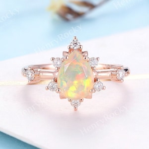 Vintage Opal Engagement Ring Women Rose Gold Antique Pear shaped Bridal ring Art deco Wedding Ring Diamond ring Anniversary ring