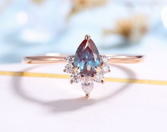 Vintage Alexandrite Engagement Ring Antique Pear cut Rose gold Bridal Ring Art deco Moisanite/Diamond wedding Ring Anniversary promise Ring