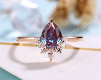 Vintage Alexandrite Engagement ring Pear shaped Rose gold women ring Art deco Diamond Bridal wedding Ring Anniversary Rings for women